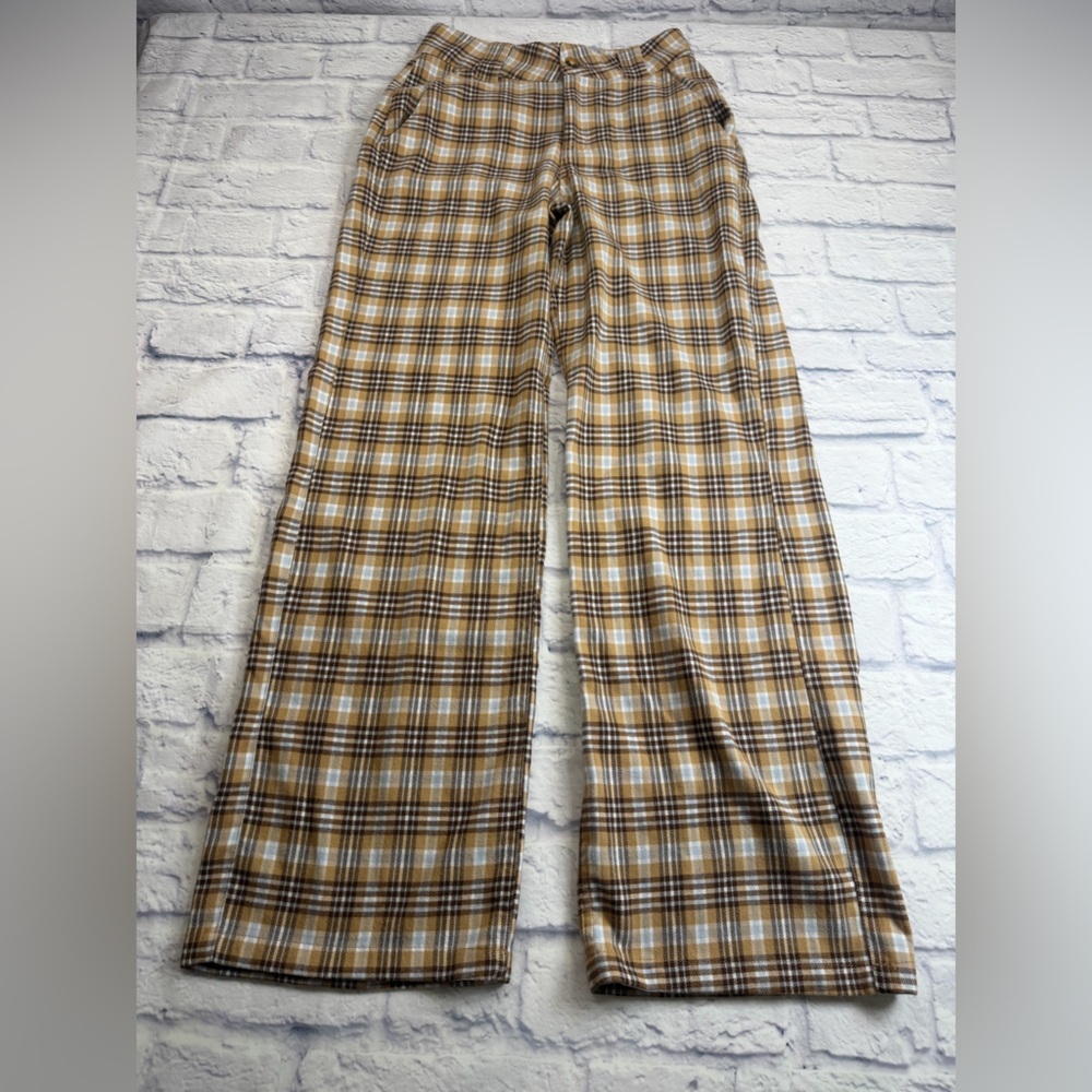 Hollister Plaid Pants in Mustard, Brown, and White. Size 00R.